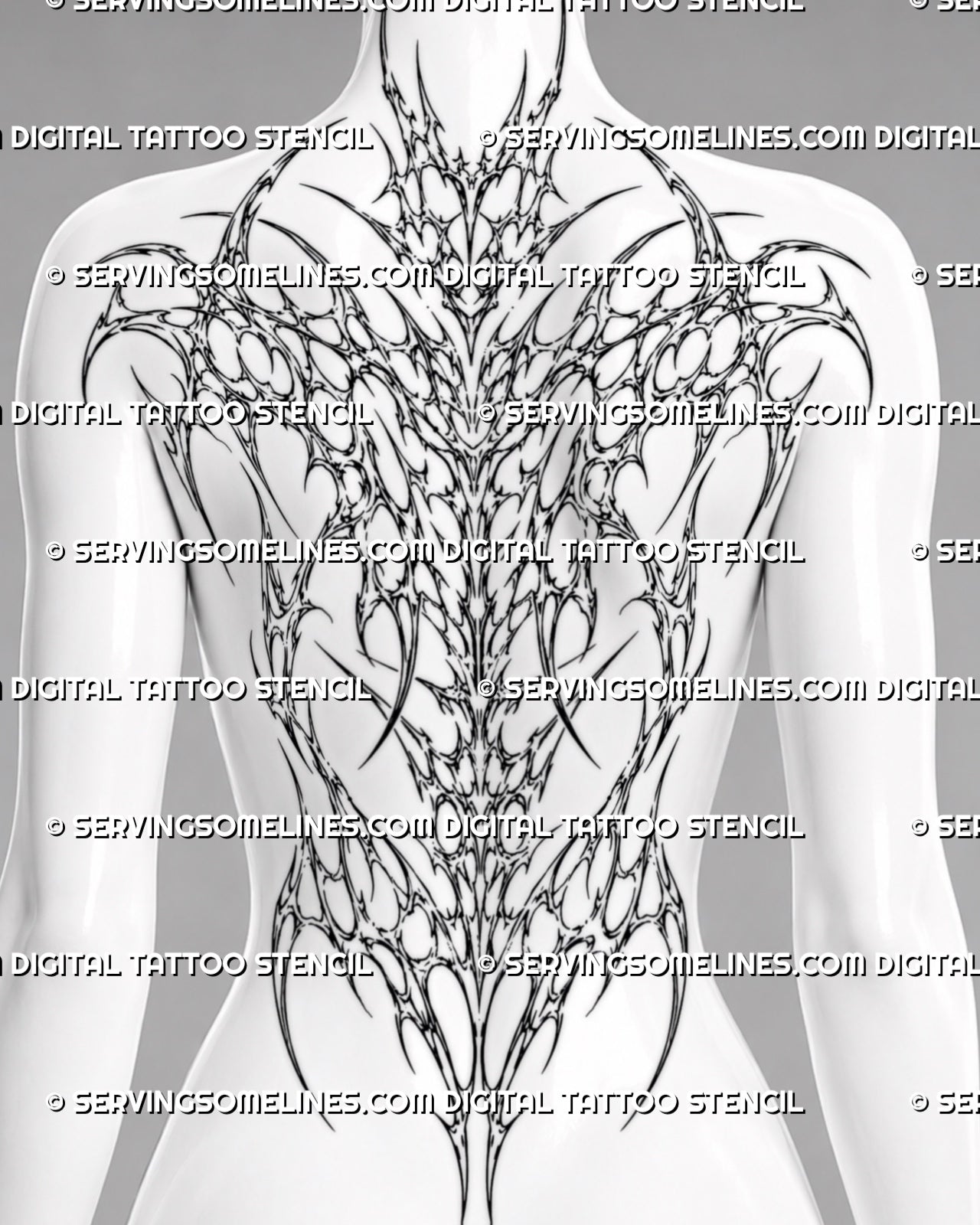 Cybersigilism backpiece tattoo stencil shown on women’s full back with sharp spine flow and wide shoulder placement