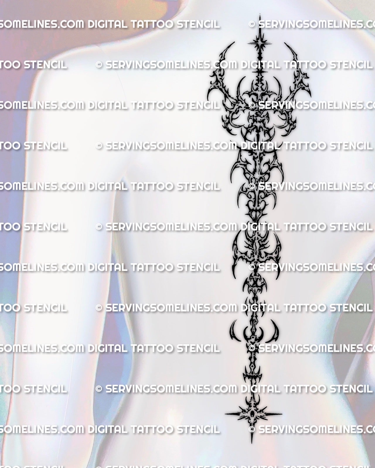 Womens cybersigilism spine tattoo stencil displayed on back placement with clean vertical structure