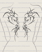 Feminine back tattoo with demon wing pattern, neotribal cybersigilism design flowing down the spine in gothic cyber tribal linework.