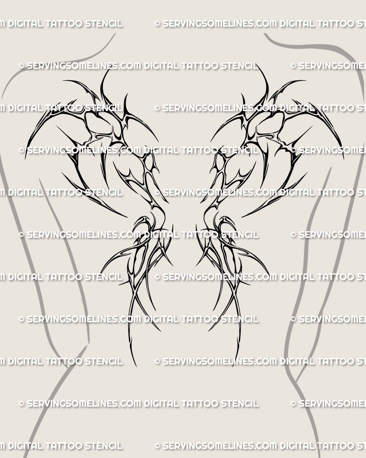 Feminine back tattoo with demon wing pattern, neotribal cybersigilism design flowing down the spine in gothic cyber tribal linework.