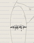 Gothic bleeding heart tattoo placed on woman’s front thigh, three thorned hearts design symbolizing love, pain, and beauty. 