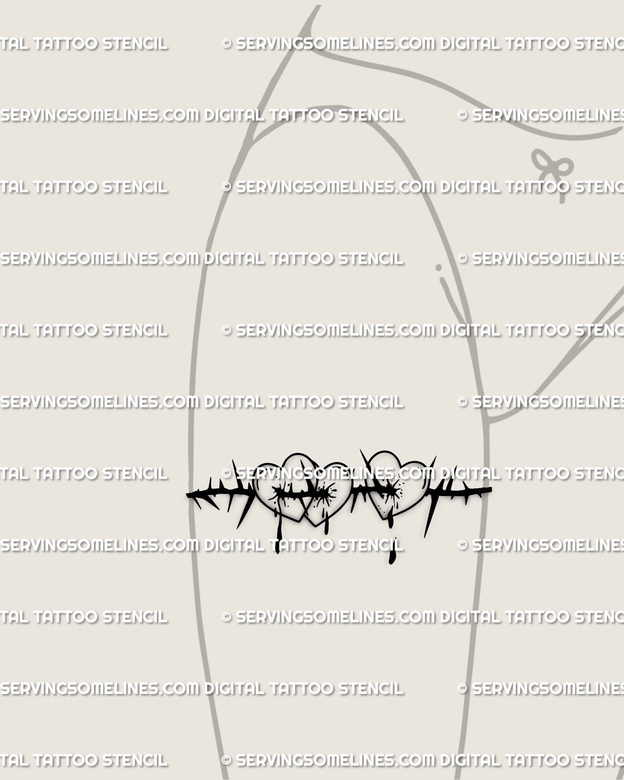 Gothic bleeding heart tattoo placed on woman’s front thigh, three thorned hearts design symbolizing love, pain, and beauty. 