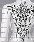 Women's full back tattoo stencil download shown on a feminine back with dark neotribal linework and spine-aligned layout preview