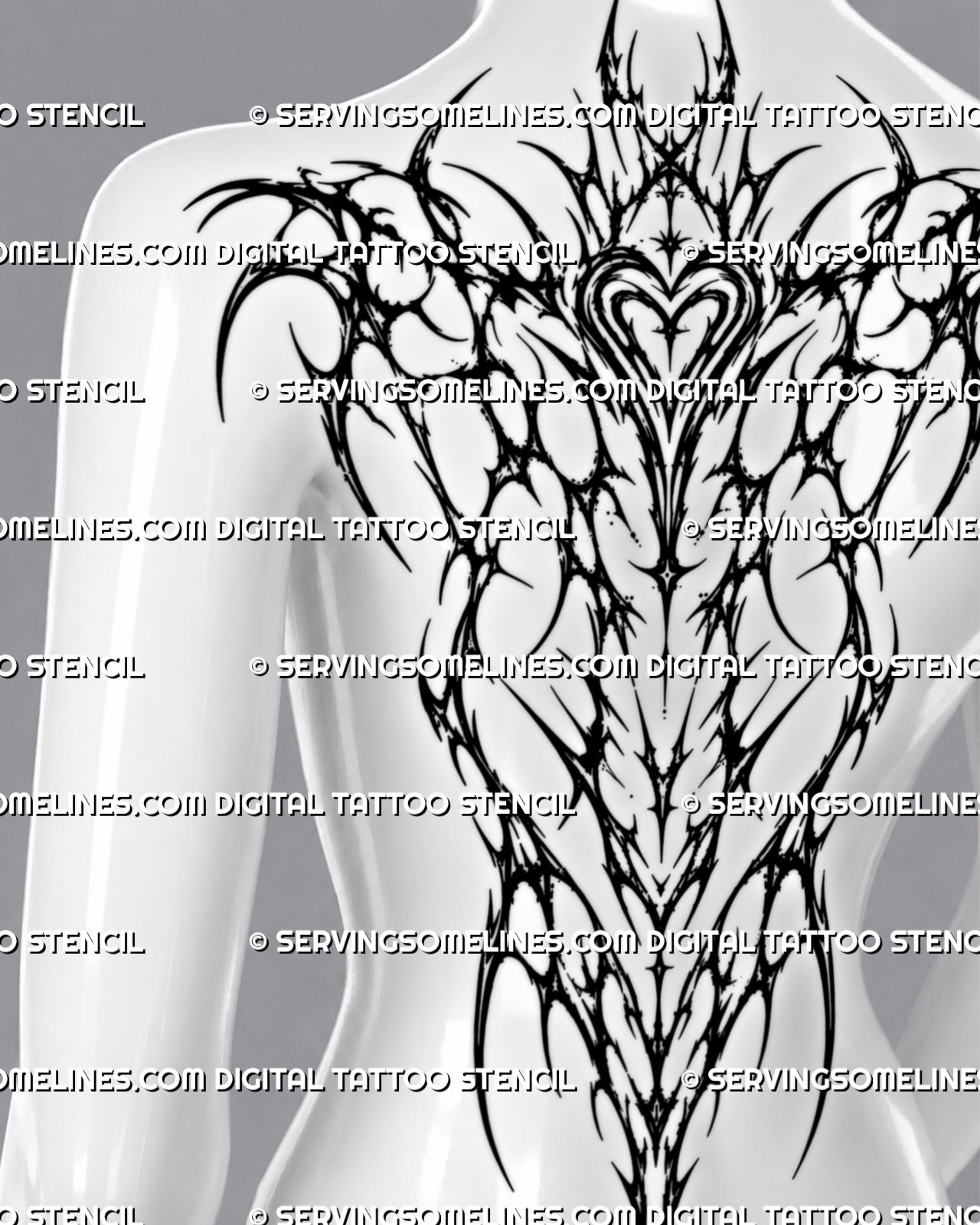Women's full back tattoo stencil download shown on a feminine back with dark neotribal linework and spine-aligned layout preview