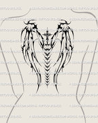 Woman wearing gothic cross wings tattoo on upper back, showing long neotribal wings and centered spine line for full back tattoo inspiration.