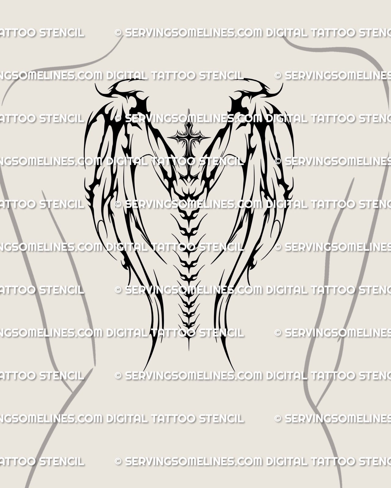 Woman wearing gothic cross wings tattoo on upper back, showing long neotribal wings and centered spine line for full back tattoo inspiration.