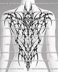 Women's gothic neotribal backpiece tattoo stencil download shown as a full back placement preview with spine-to-shoulder flow