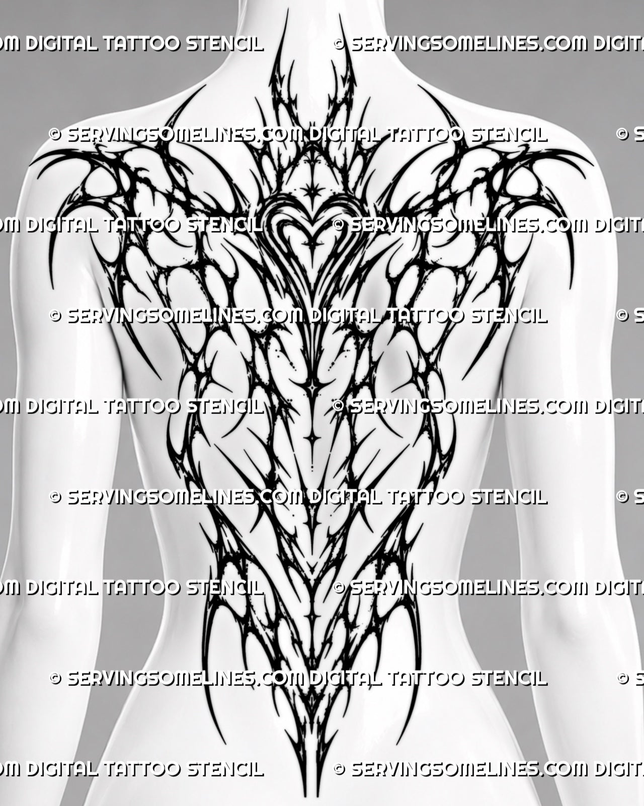 Women's gothic neotribal backpiece tattoo stencil download shown as a full back placement preview with spine-to-shoulder flow