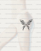 Woman’s hip butterfly tattoo idea in abstract marble liquid pattern, fine line flow art blending cybercore and organic style.