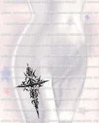 cyber gothic cross tattoo stencil shown on womens hip placement, neotribal design available as a digital product