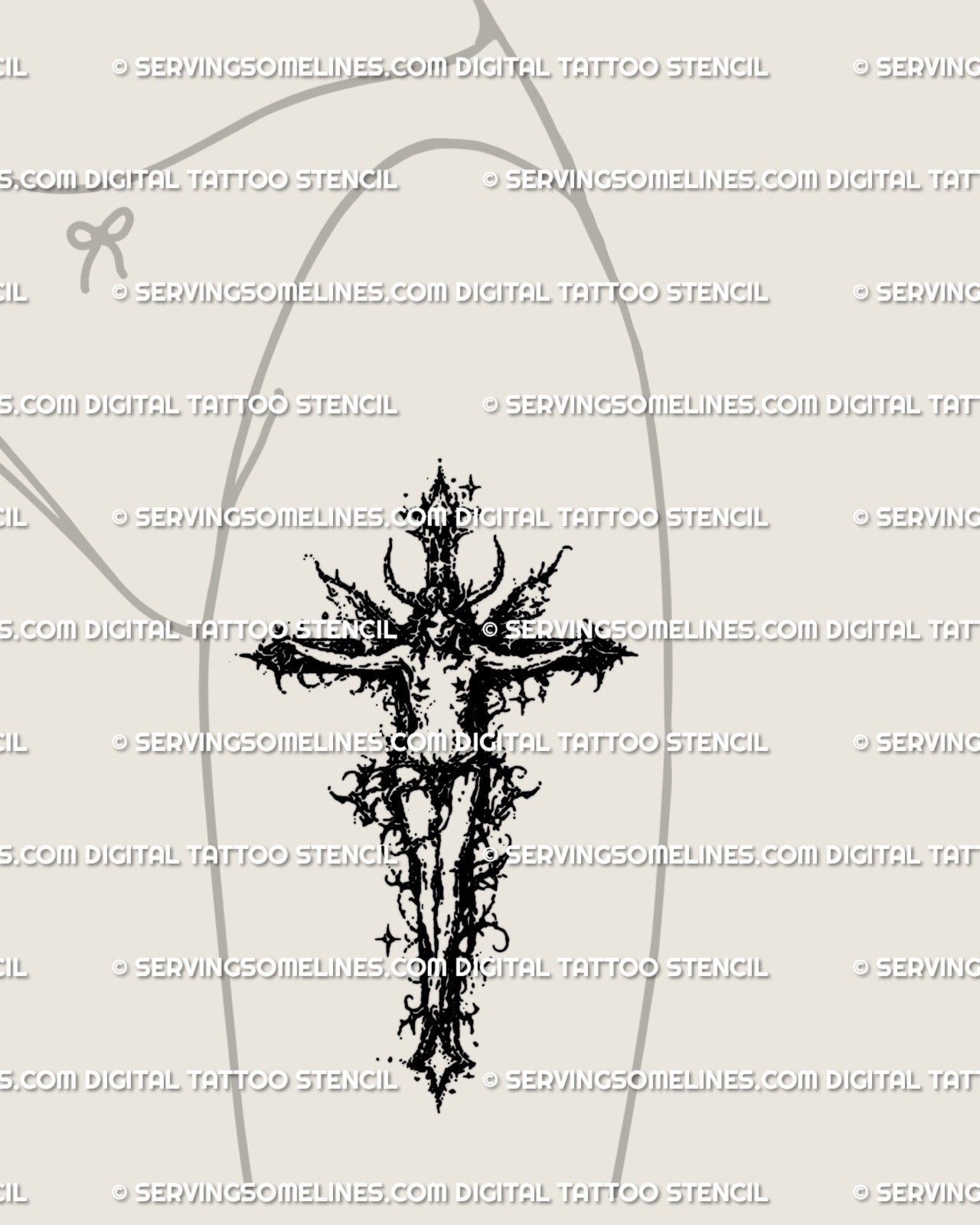 Dark fairy cross tattoo stencil shown on feminine thigh placement, gothic cross with thorns, vertical flow.