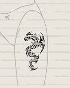Digital dragon tattoo stencil in neotribal cybercore style placed on woman’s hip, black flame outline follows body movement.