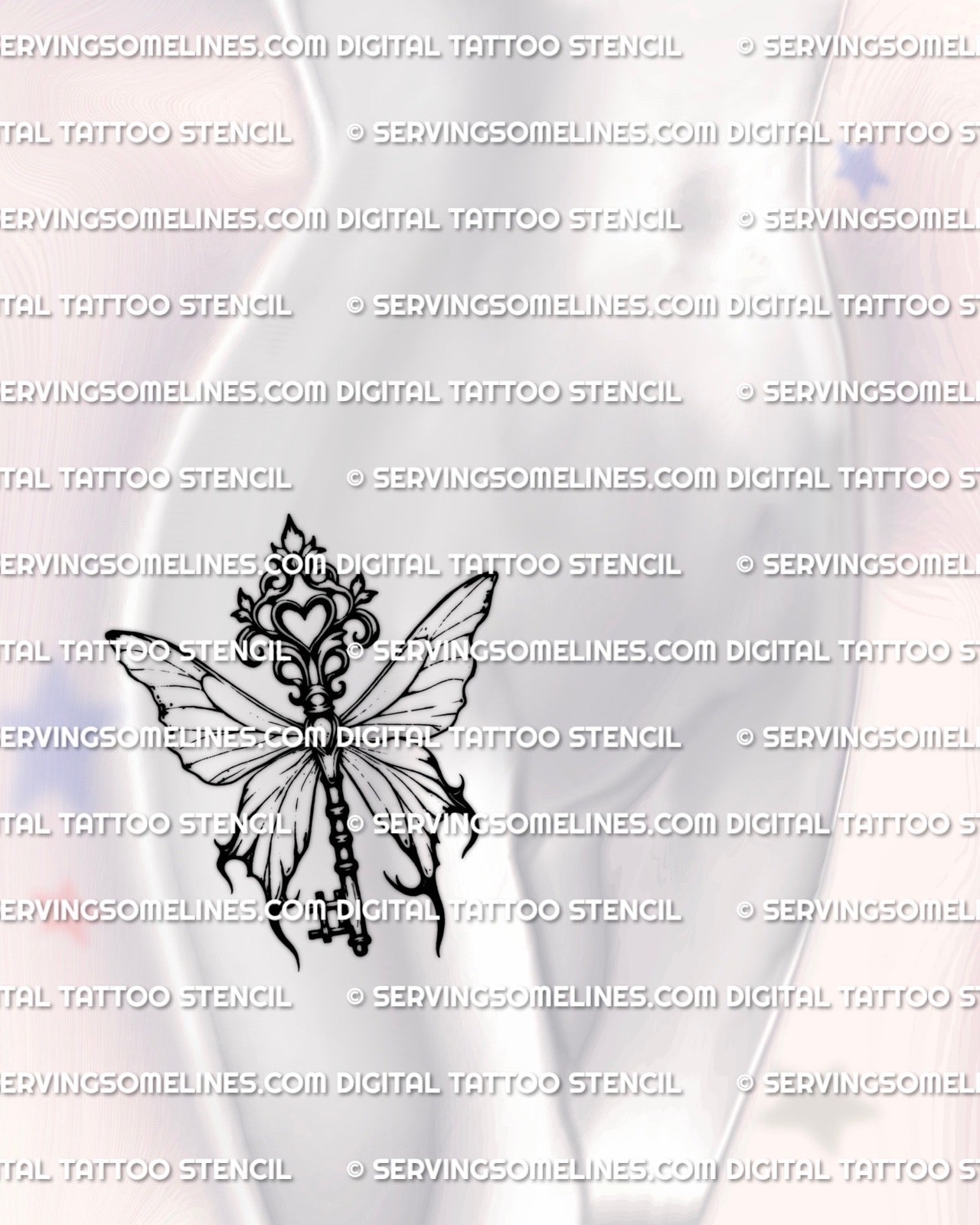 Butterfly key tattoo stencil shown on womens hip placement, wide wing gothic butterfly key design with antique crest top.