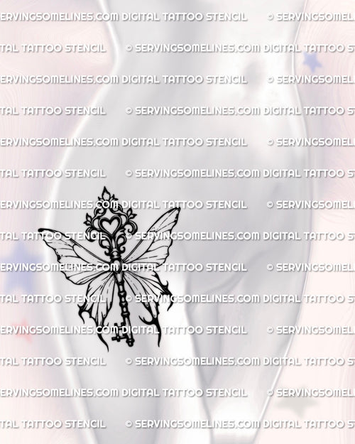 Butterfly key tattoo stencil shown on womens hip placement, wide wing gothic butterfly key design with antique crest top.
