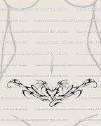 female lower stomach mockup showing a dark flame heart tattoo stencil with smooth neotribal curves framing the waist and shaping the lower torso