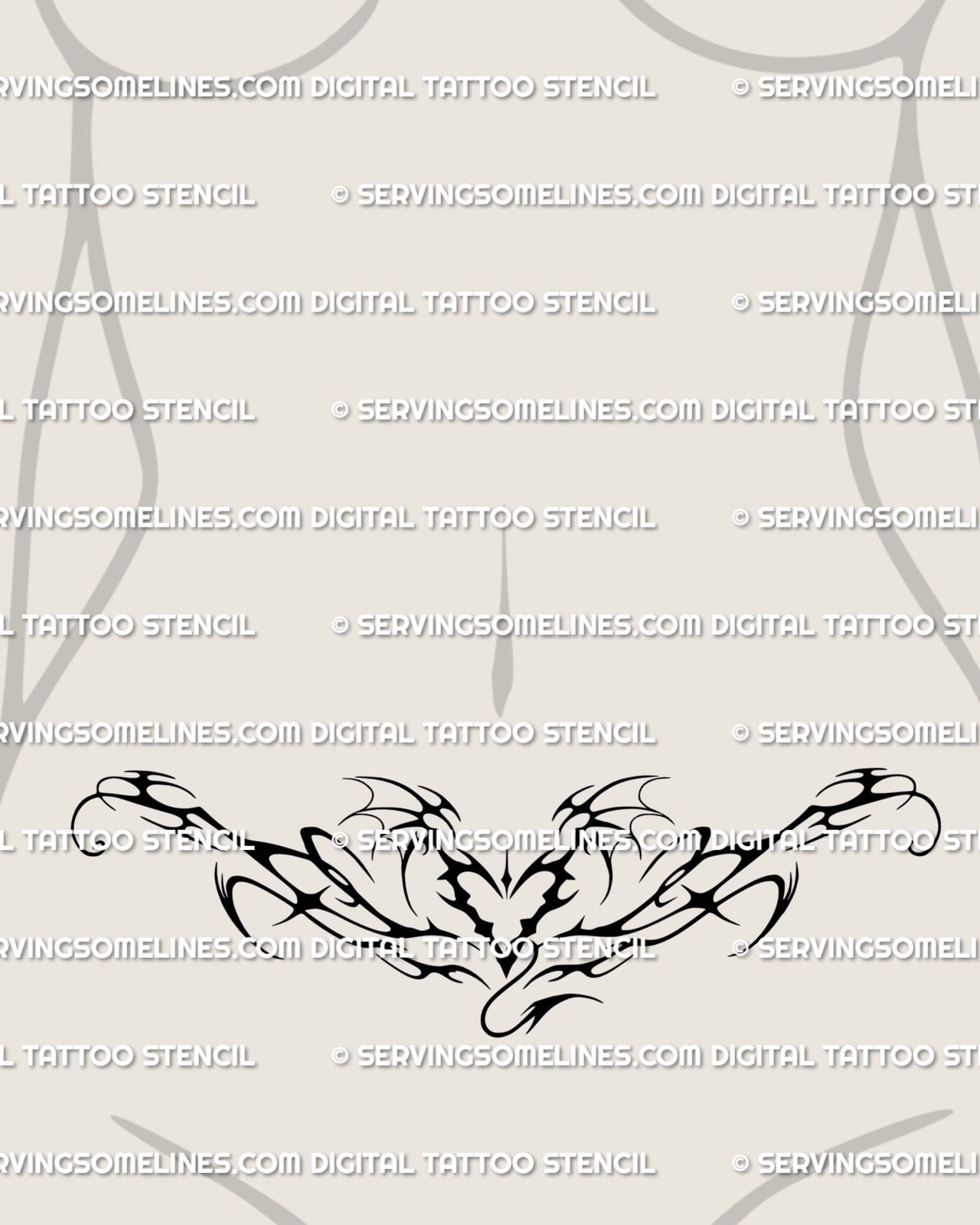 female lower stomach mockup showing a dark flame heart tattoo stencil with smooth neotribal curves framing the waist and shaping the lower torso