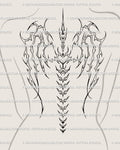 Women’s back mockup showing a neotribal angel wings spine tattoo stencil with sharp outlined wings and vertical back placement