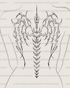 Women’s back mockup showing a neotribal angel wings spine tattoo stencil with sharp outlined wings and vertical back placement