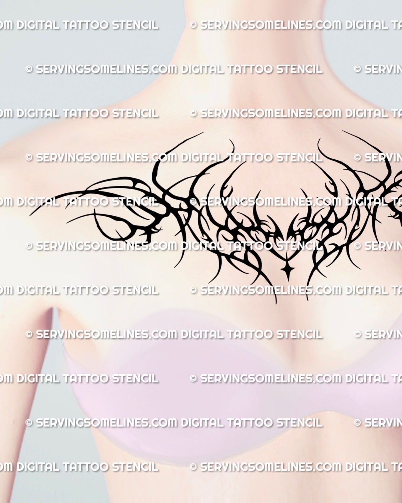 neotribal blackwork chest tattoo stencil shown on womens mannequin chest, highlighting how the design curves under the collarbones