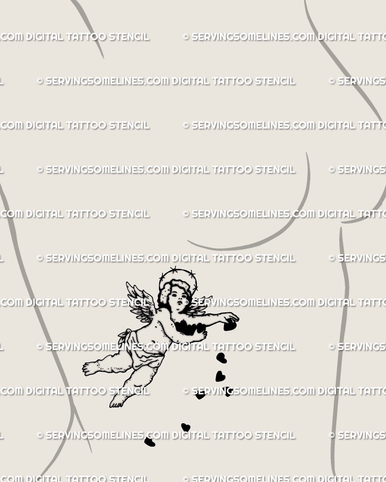 Small angel tattoo on woman’s ribs, guardian cherub with thorn halo and hearts, cute protective tattoo design. 