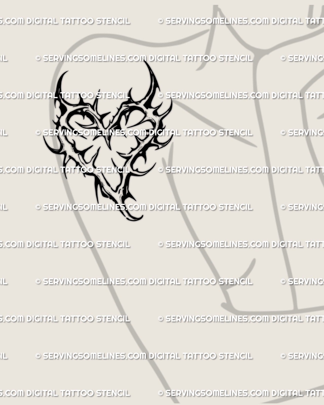 Shown on women’s shoulder placement, thorn heart tattoo stencil with gothic tribal spikes, clean blackwork design for crisp tattoo linework.