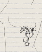 Cyber tribal dragon tattoo displayed on female side breast area, clean digital stencil with flowing abstract wings and curved tail lines. 