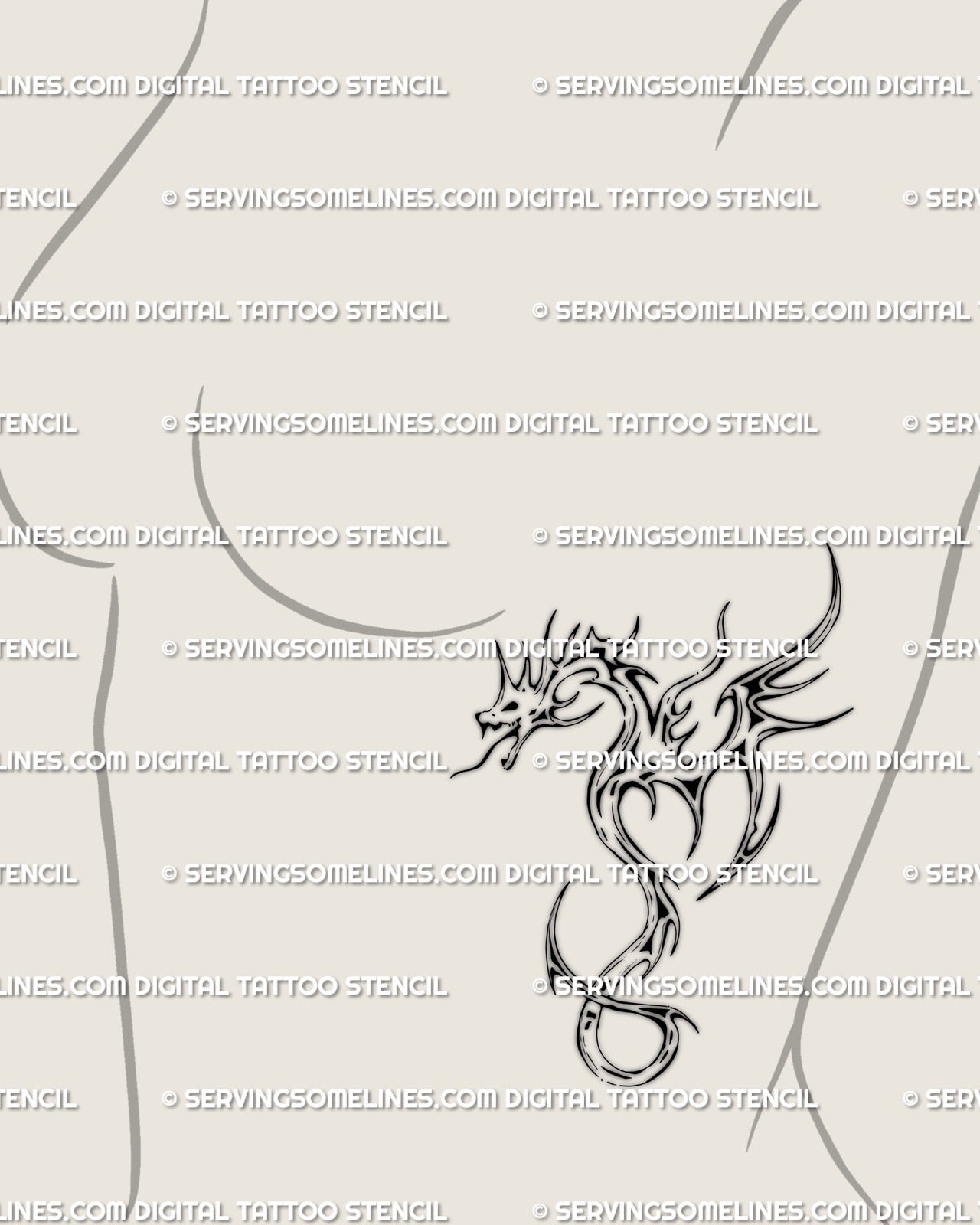 Cyber tribal dragon tattoo displayed on female side breast area, clean digital stencil with flowing abstract wings and curved tail lines. 