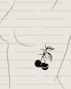 Small cherry tattoo mockup on woman’s side breast, gothic barbed wire cherry flash with dark feminine grunge aesthetic.