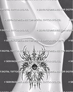 Women's side ribs cyber angel eye tattoo stencil preview with seraphim wings, central eye, and vertical rib placement