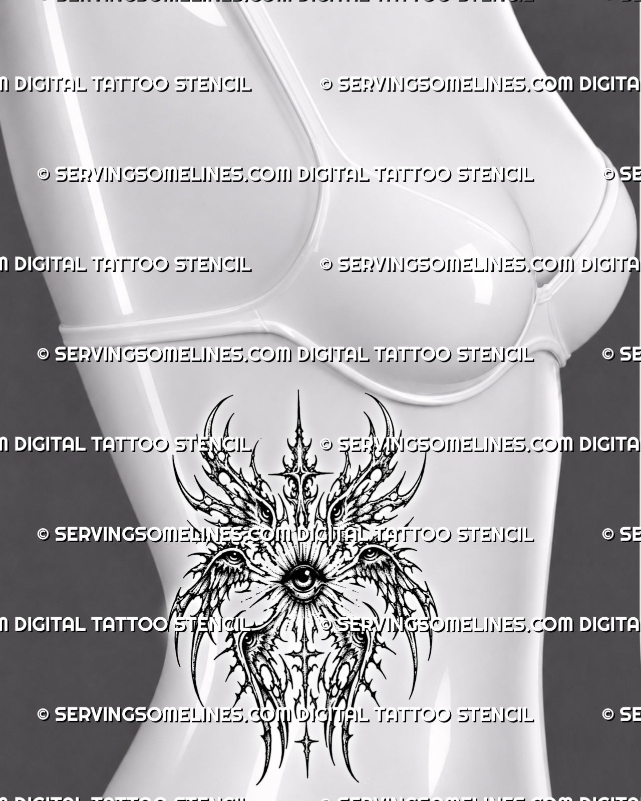 Women's side ribs cyber angel eye tattoo stencil preview with seraphim wings, central eye, and vertical rib placement