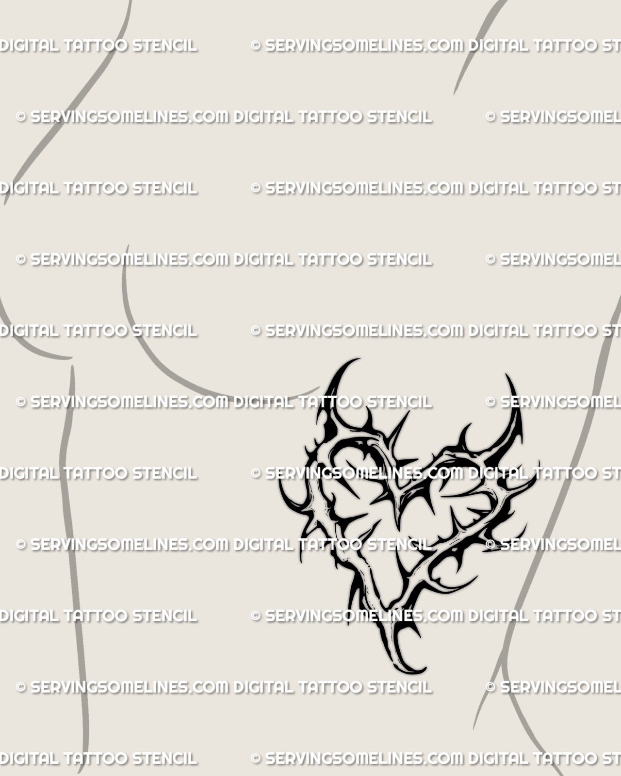 Women’s side ribs thorn heart tattoo stencil, clean gothic blackwork lines shaping spiked heart form for modern neotribal tattoo. 