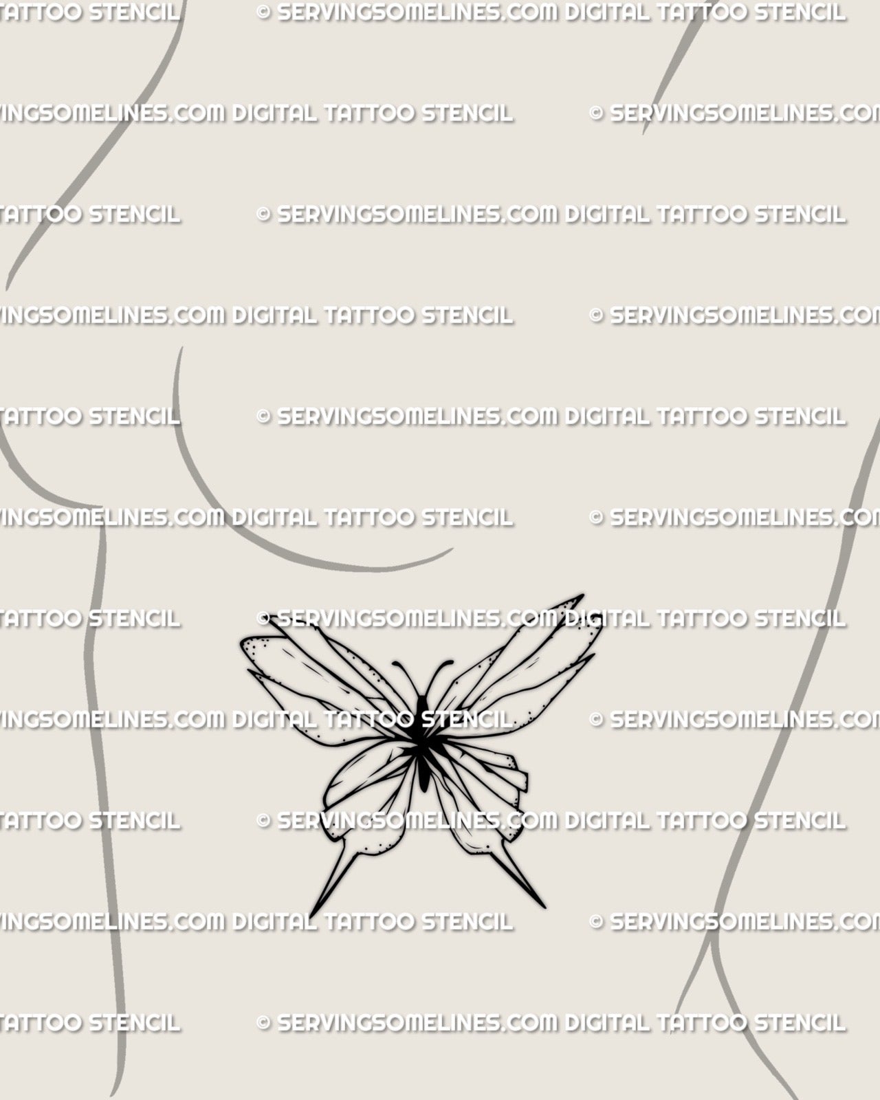 Womens side ribs tattoo stencil showing shattered glass butterfly, delicate fine-line design symbolizing inner strength and fragile transformation