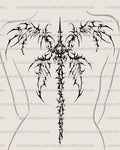 Women’s back mockup showing a skeletal winged spine tattoo stencil with dark gothic detail and long vertical placement