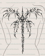 Women’s back mockup showing a skeletal winged spine tattoo stencil with dark gothic detail and long vertical placement