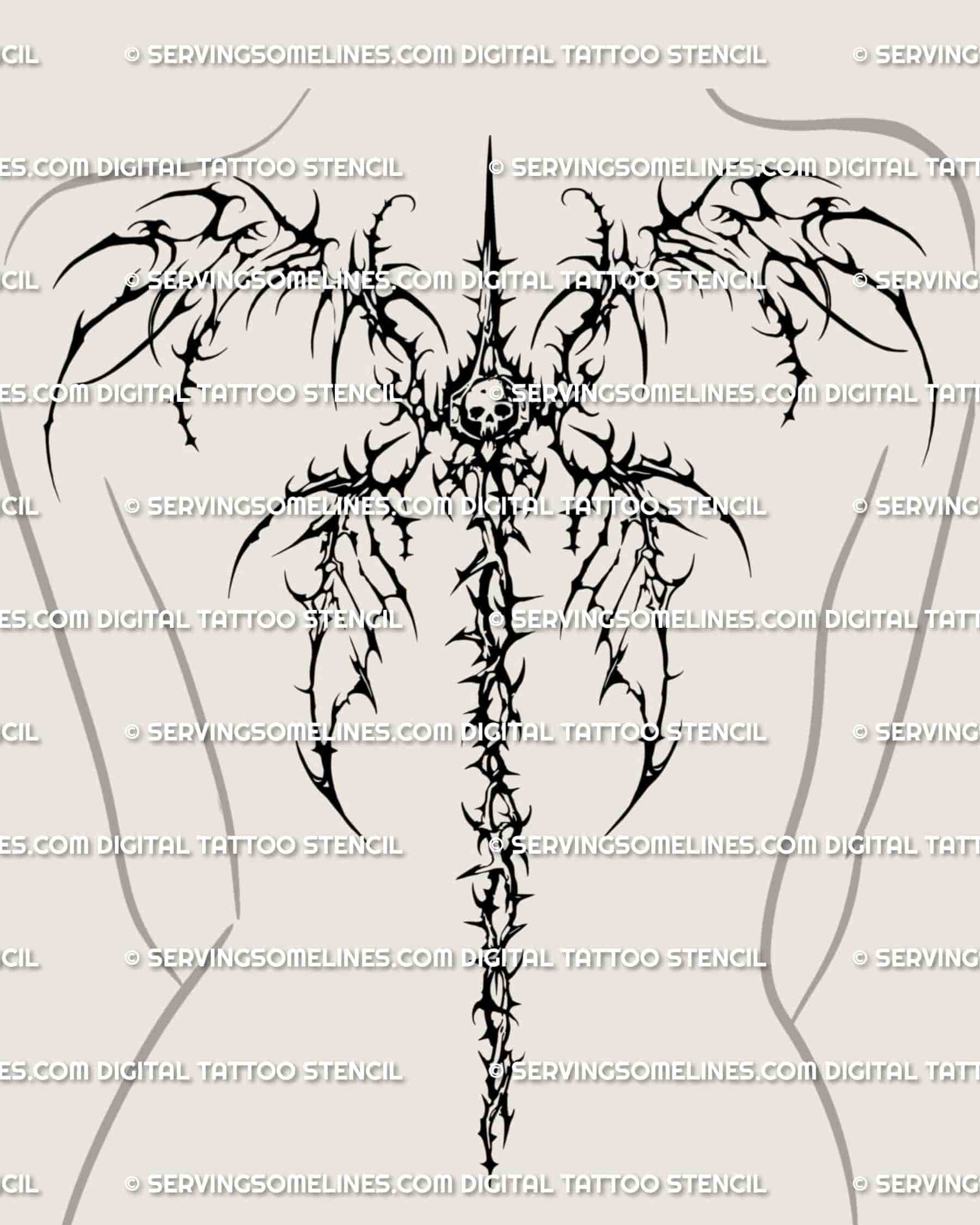 Women’s back mockup showing a skeletal winged spine tattoo stencil with dark gothic detail and long vertical placement