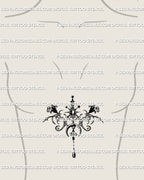 Women’s sternum under-breast pendant tattoo stencil with crescent moon, baroque curves, stars and a cross drop