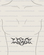 LOVE lettering tattoo design displayed on woman’s sternum center, gothic neotribal digital stencil with heart-shaped core and fine spikes.