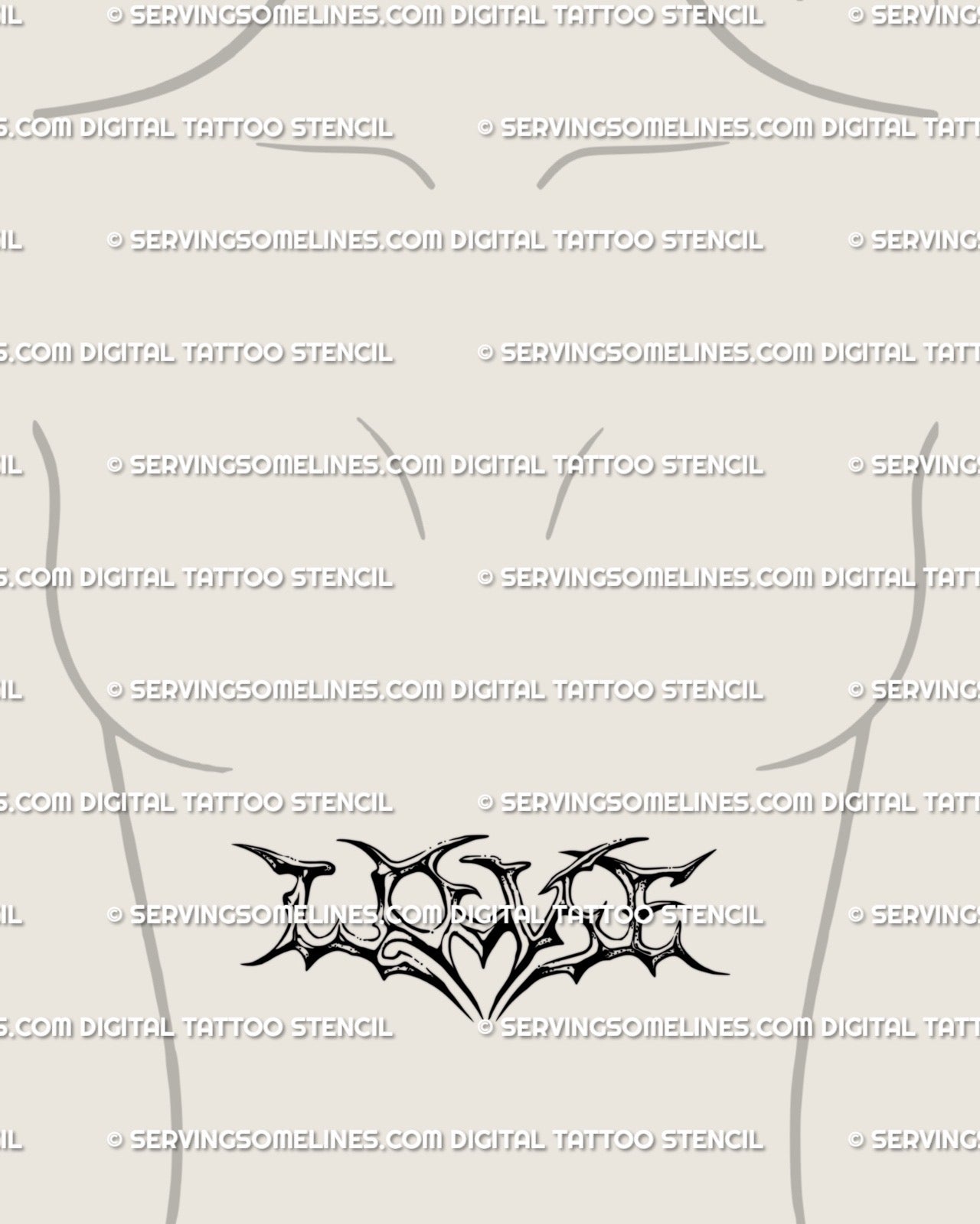 LOVE lettering tattoo design displayed on woman’s sternum center, gothic neotribal digital stencil with heart-shaped core and fine spikes.