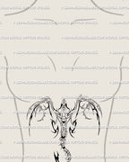 Women’s sternum dragon tattoo stencil, fine neotribal cyber lines with curved wings and futuristic gothic design flowing down the ribs.