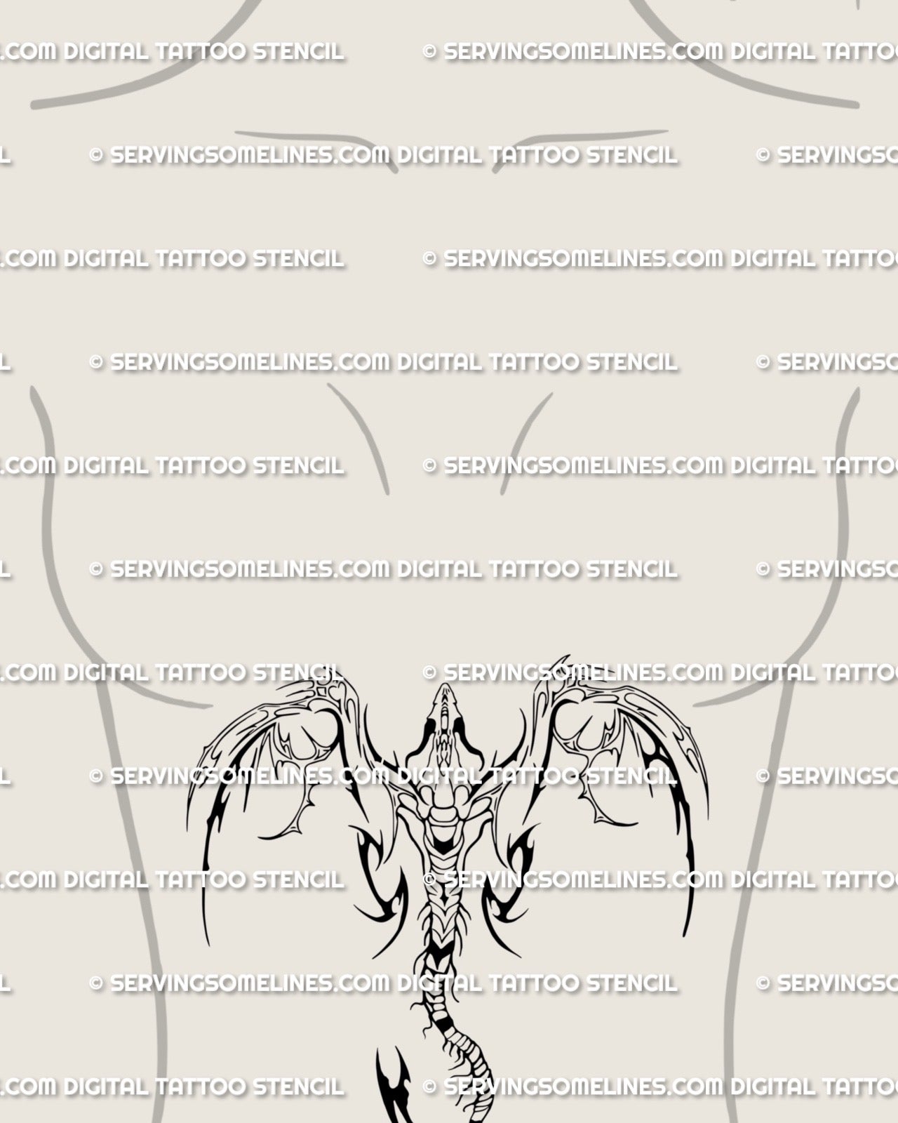 Women’s sternum dragon tattoo stencil, fine neotribal cyber lines with curved wings and futuristic gothic design flowing down the ribs.