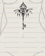 Royal gothic key tattoo stencil positioned at the sternum and underbust, featuring winged filigree and a balanced ornamental silhouette.