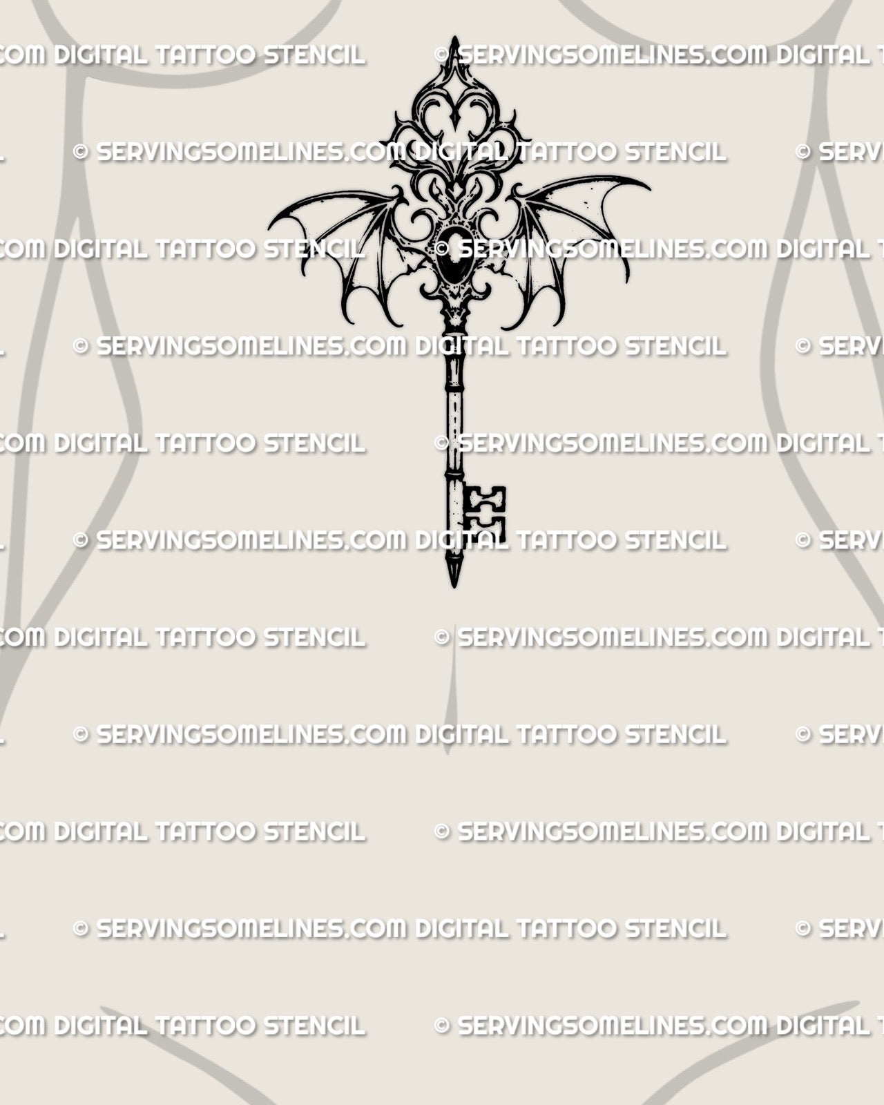 Royal gothic key tattoo stencil positioned at the sternum and underbust, featuring winged filigree and a balanced ornamental silhouette.