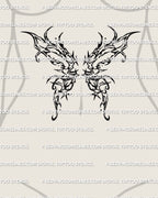 woman’s stomach displaying a gothic butterfly wing tattoo stencil with sharp ornamental shapes and a modern dark aesthetic
