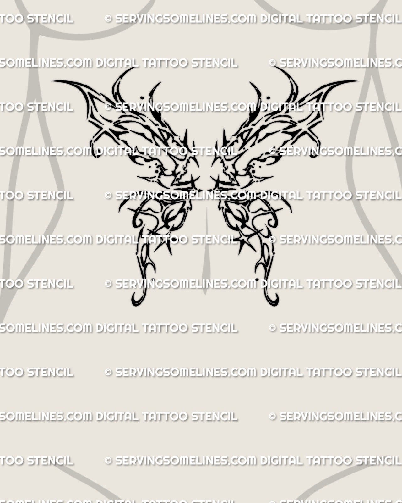 woman’s stomach displaying a gothic butterfly wing tattoo stencil with sharp ornamental shapes and a modern dark aesthetic