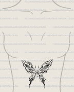 Woman’s stomach center tattoo stencil of abstract fluid butterfly, elegant liquid marble texture with decorative flowing lines. 
