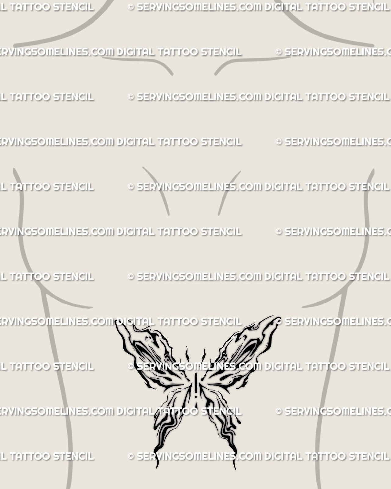 Woman’s stomach center tattoo stencil of abstract fluid butterfly, elegant liquid marble texture with decorative flowing lines. 
