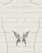 Witchcore butterfly tattoo sketch on woman’s stomach, decorative cybersigil wings design with dark romantic detailing. 