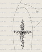 cybersigil gothic cross tattoo shown on womens thigh placement with vertical spiky structure, gemstone center, and cyber tribal detailing