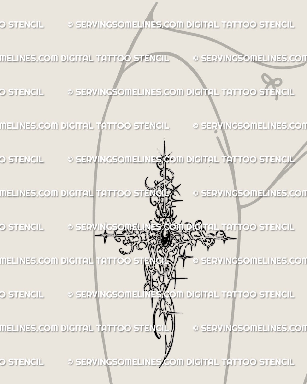 cybersigil gothic cross tattoo shown on womens thigh placement with vertical spiky structure, gemstone center, and cyber tribal detailing