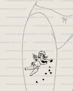 Flying cherub tattoo on woman’s thigh, barbed wire halo angel with hearts digital stencil for small tattoo flash.